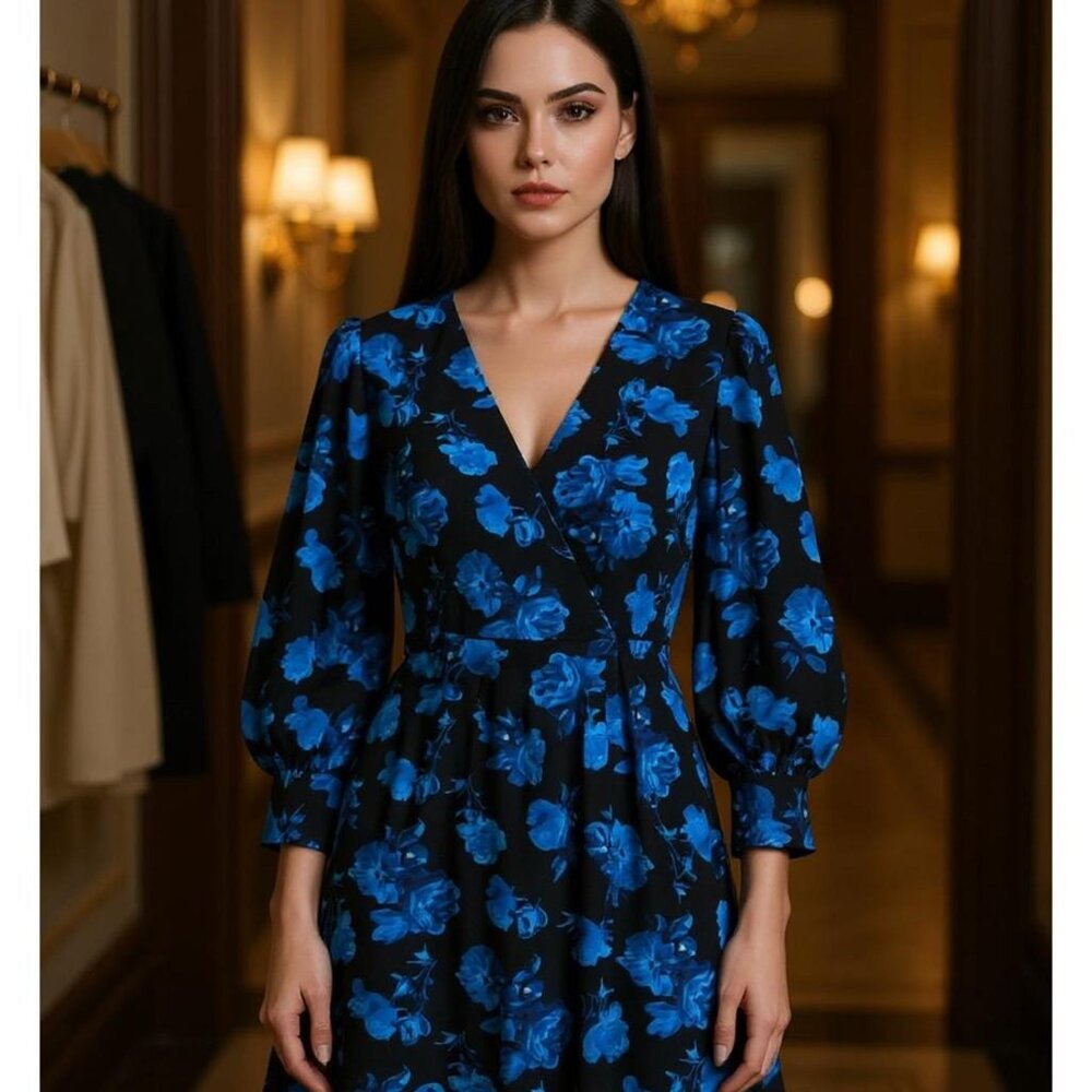 NWT - The Kooples Blue Rose Floral Wrap Dress – Long Sleeve Mini – Size FR 1